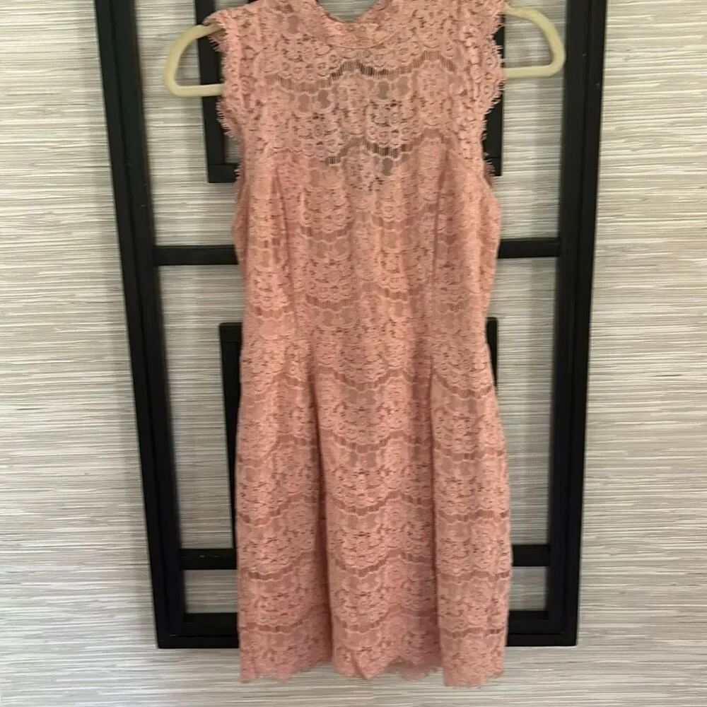 Love fire pink peach lace sleeveless dress size m Junior high neck fitted knee l